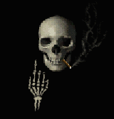 Skull smoking with a waving hand for you to enter next page